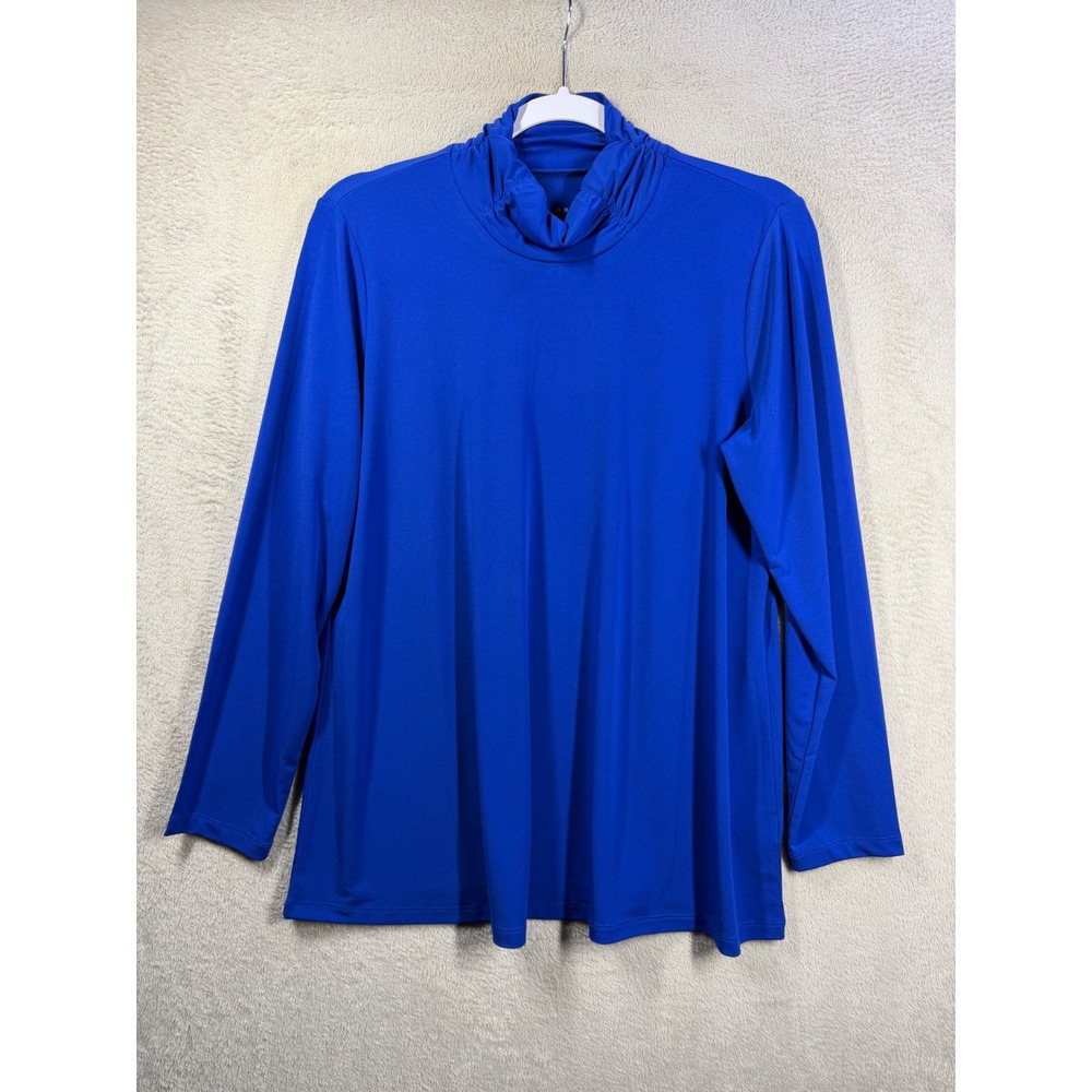 Susan Graver Liquid Knit Top Womens MP Blue Mock Neck Ruched Long Sleeve